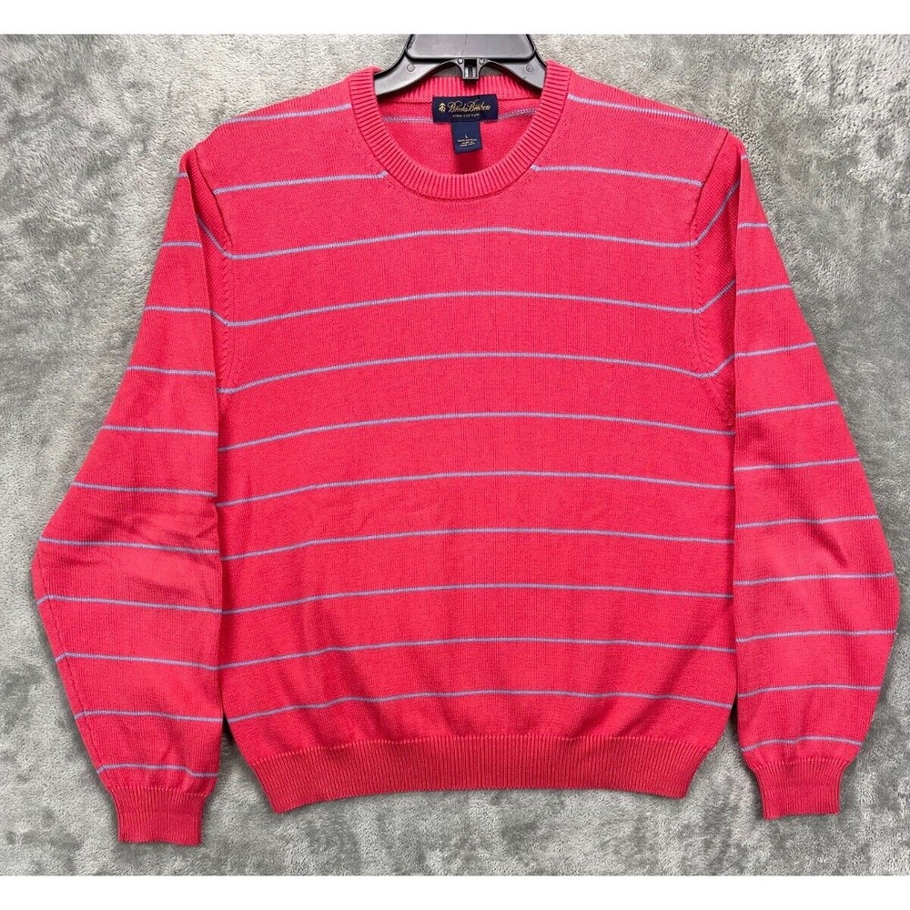 Brooks Brothers Men's Pullover Sweater Large Salmon Striped Crewneck Pima Cotton